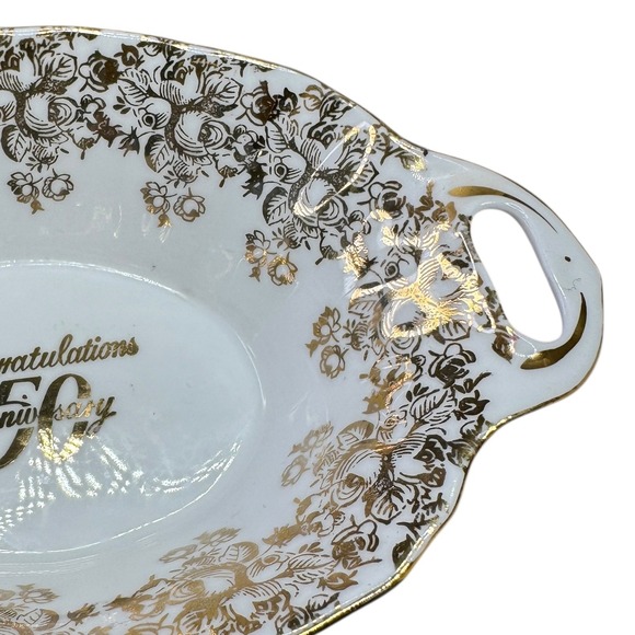 Royal Albert Bone China Oval Small Candy Dish 50th Anniversary Gold Floral VTG - Picture 4 of 5